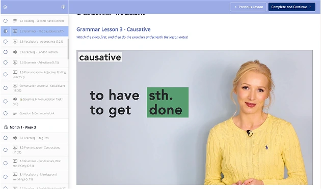 English with lucy video lesson screenshot. Video on right hand side teaching causatives, with course curriculum on the left showing English grammar, listening, pronunciation, conversation