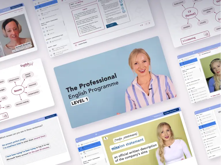 Screenshot collage of English with Lucy’s Professional English Programme lessons, including business vocabulary, pronunciation practice, and interactive course materials.