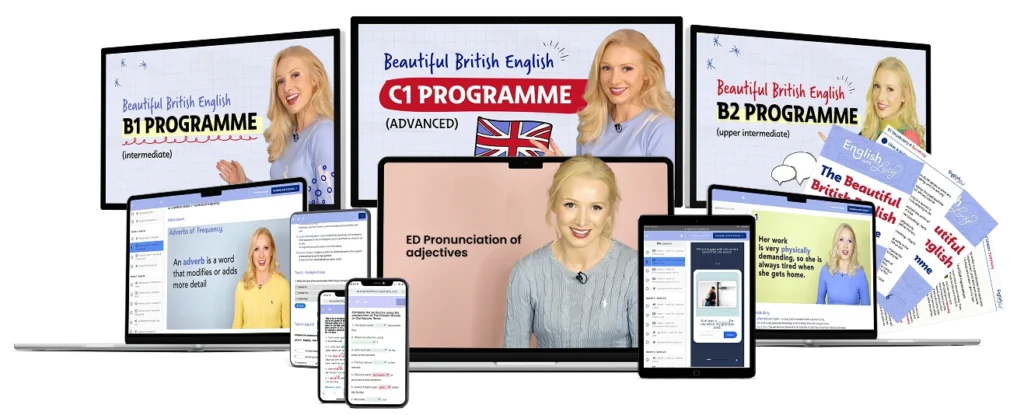 English course bundle including b1, b2, and c1 levels. Screenshots showing online english lessons, grammar, vocabulary and pronunciation practice