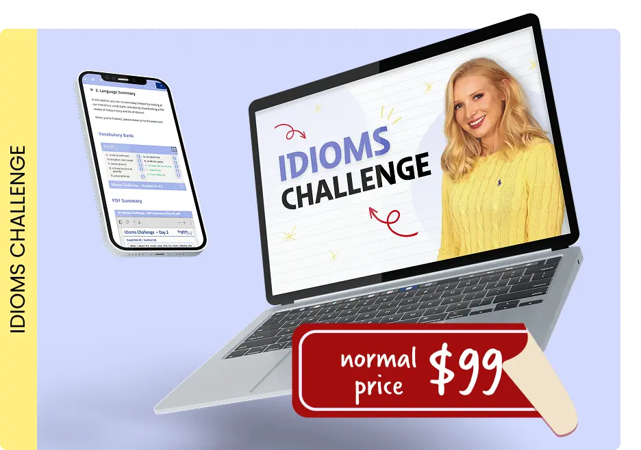 Mockup of the Idioms Challenge course showing idiom lesson pages on a laptop and phone with Lucy presenting the module.