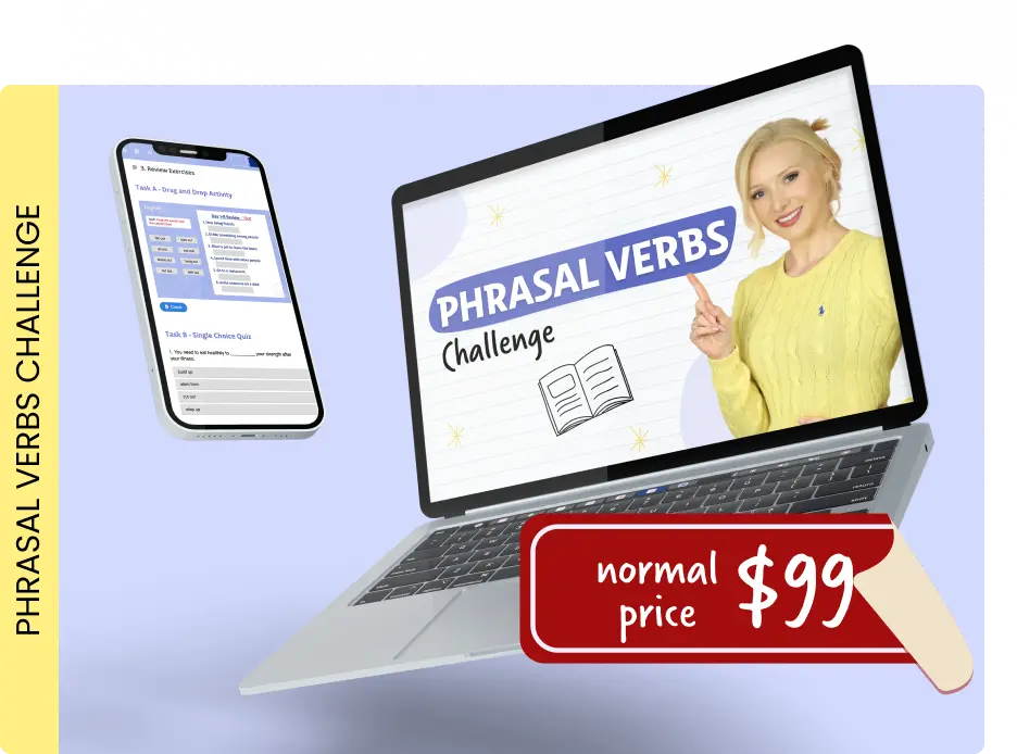 Mockup of the Phrasal Verbs Challenge course with a laptop and phone displaying lesson materials, featuring Lucy holding a notepad.