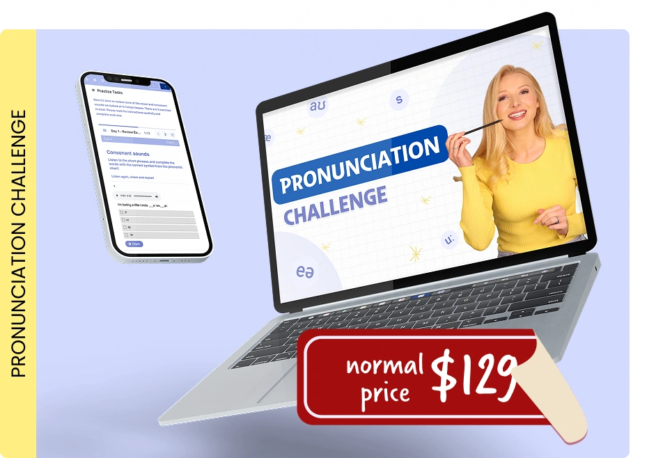 Mockup of the Pronunciation Challenge course showing accurate English pronunciation lessons on a laptop and phone with Lucy presenting the challenge.