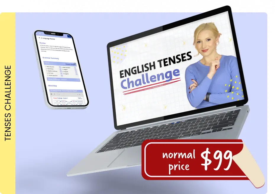 Mockup of the Tenses Challenge course showing a laptop and phone displaying English grammar lessons, with teacher Lucy on the screen.